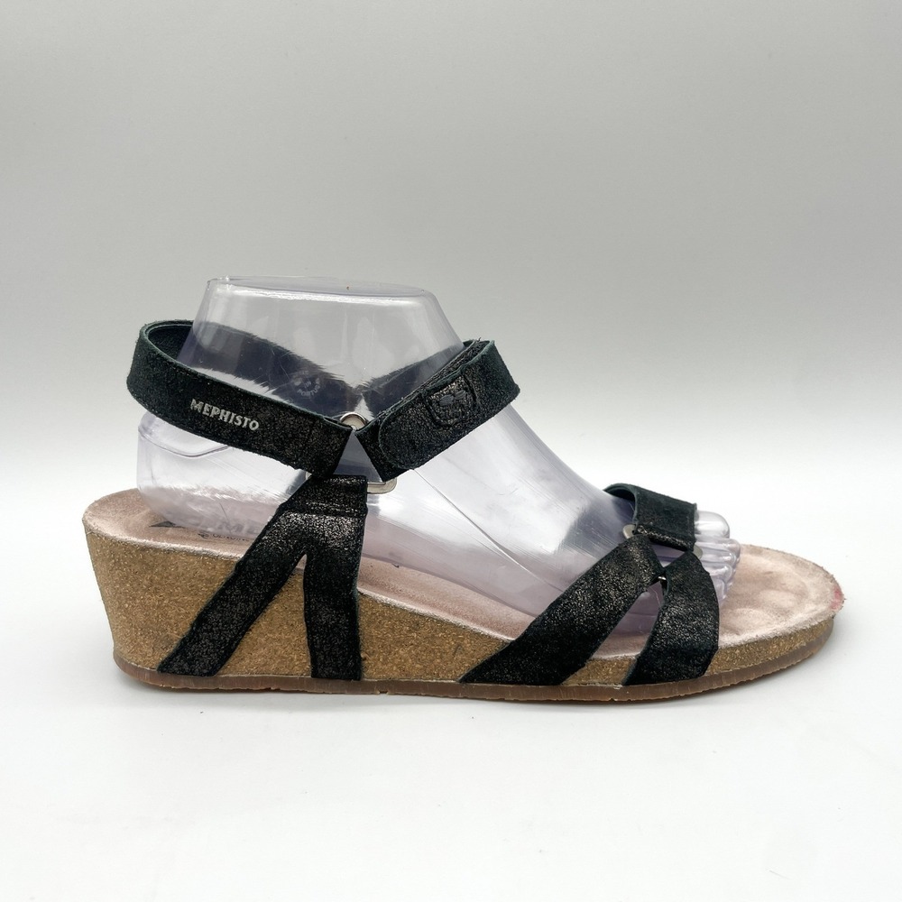 Mephisto Womens 41 Wedge Sandals Metallic Black Leather Cork Comfort Walk Shoes